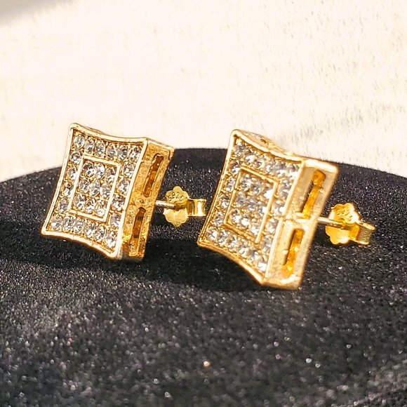 Mens 2ct Diamond 18K Gold Square Earrings Studs Silver Guys Jewelry 2 ct 18 K - Picture 6 of 7